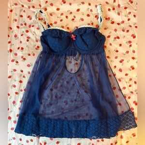 Victoria’s Secret Blue and White Lace babydoll Lingerie Pink Bow BustierTop🎀